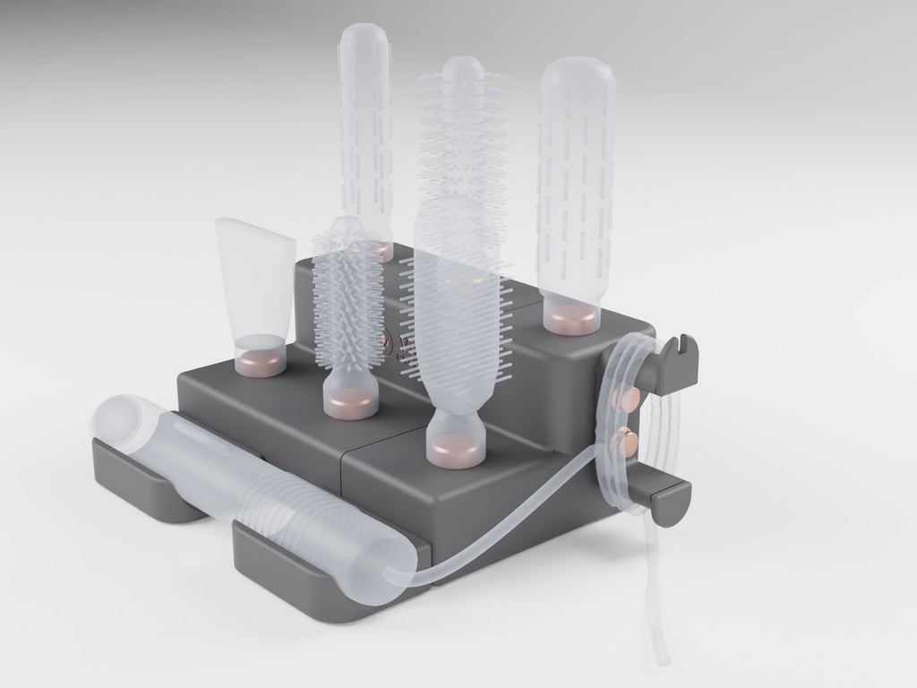 The styler's cable wound round the cable wrap on the end of the stand. Styler not included (CAD render)