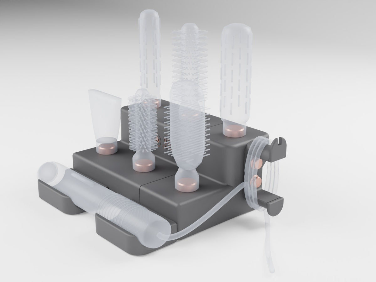 The styler's cable wound round the cable wrap on the end of the stand. Styler not included (CAD render)