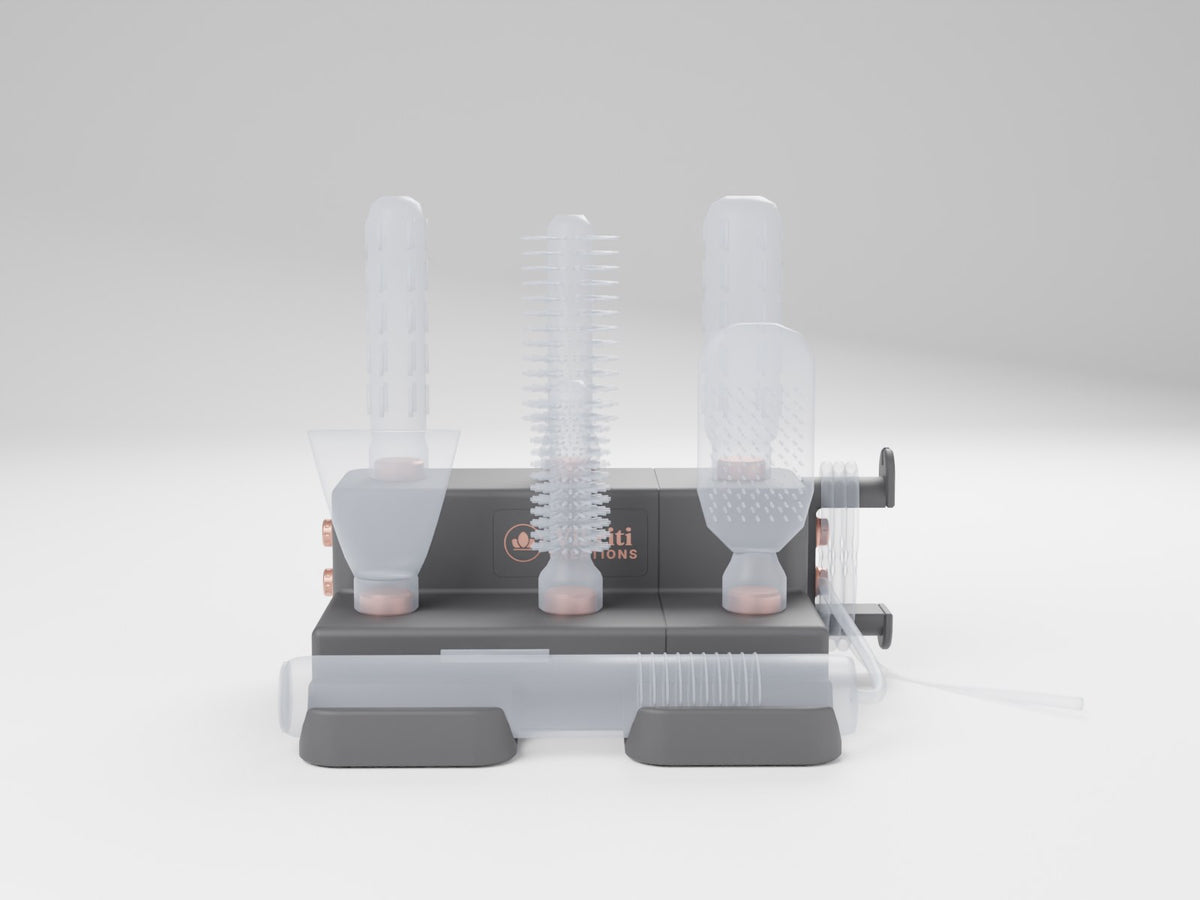 Front view: two rows of attachments above the styler cradle. Styler and attachments not included (CAD render)