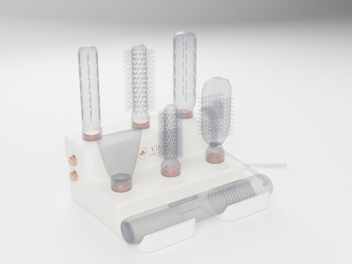 Ivory white and rose gold stand with styler and attachments shown faded, not included (CAD render)