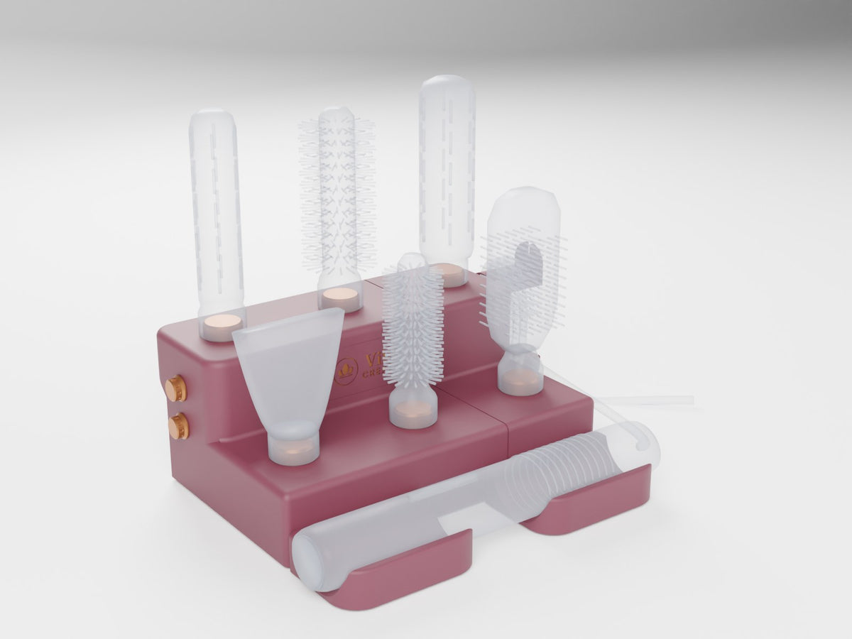 Plum and copper stand with styler and attachments shown faded, not included (CAD render)