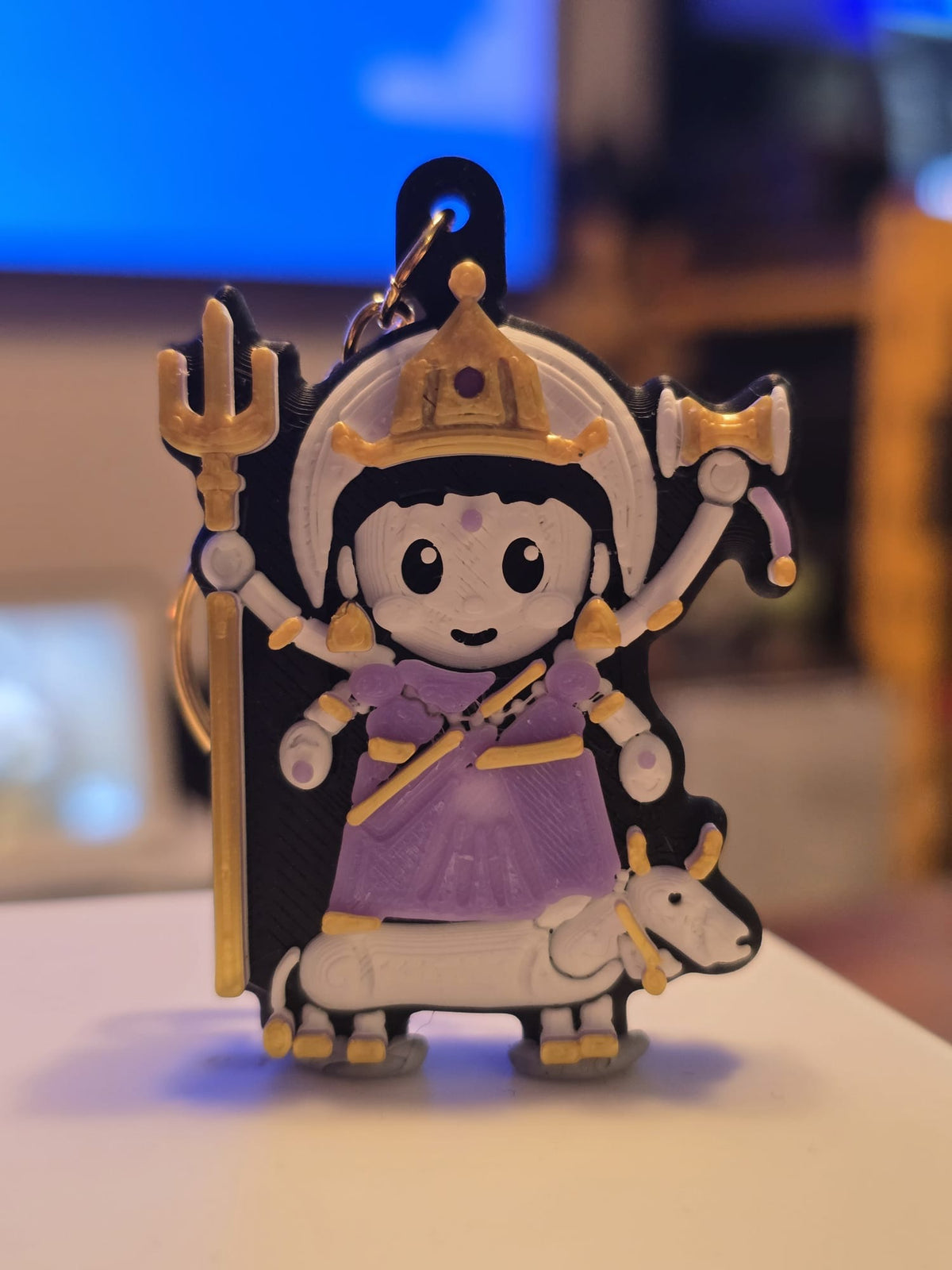 Mahagauri keychain, 3D printed, with gold jump ring and keyring