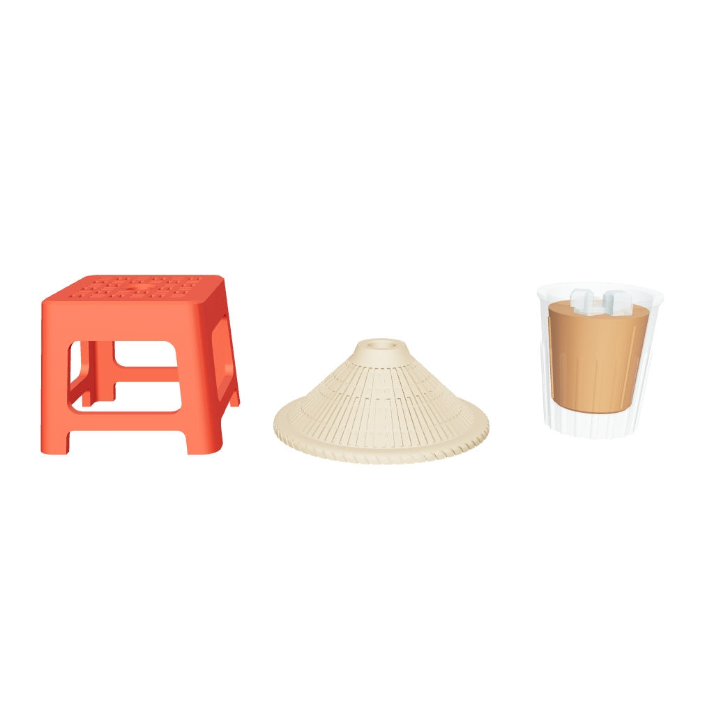Street Food Set in 3D: stool, non la and tra da side by side. Spin it, zoom in, or view it at real size in AR (about 109 mm across)