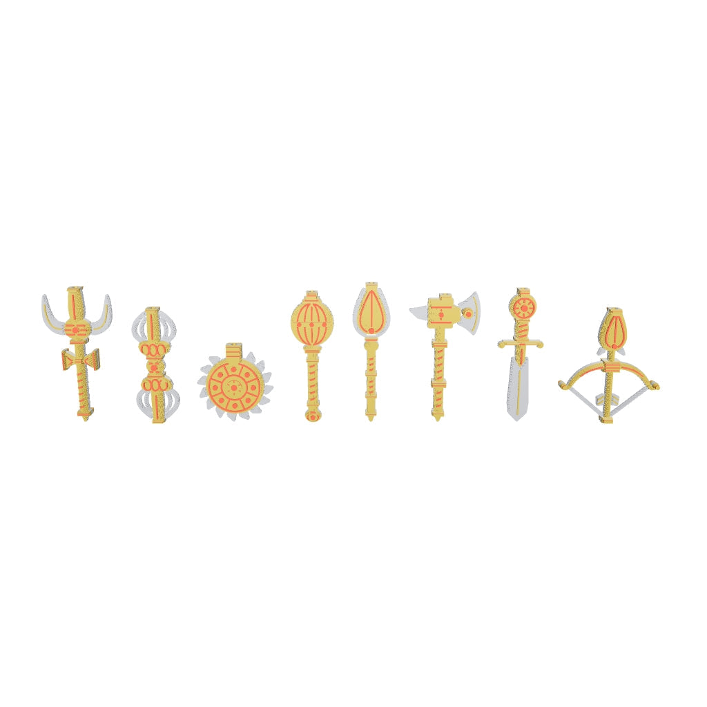 All eight Divine Weapons keychains in 3D, side by side. Spin it, zoom in, or view them at real size in AR (about 268 mm across)